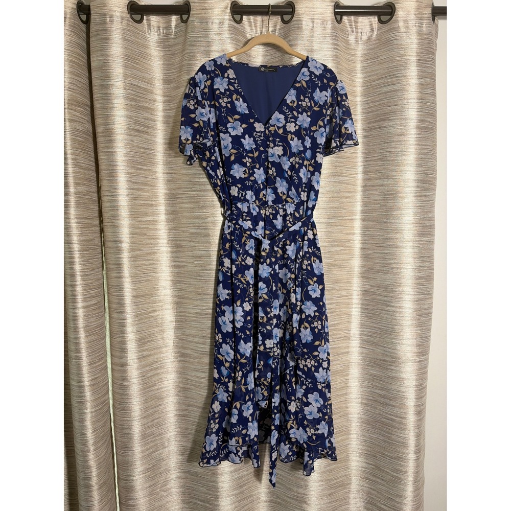 PRETTYGARDEN Navy Blue Floral Faux Wrap High Low‎ Midi Dress Short Sleeve Large